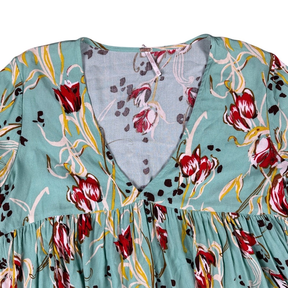 Free People Bella Babydoll Tunic Top Womens XS Teal Floral V-Neck Boho Blouse - Picture 3 of 12